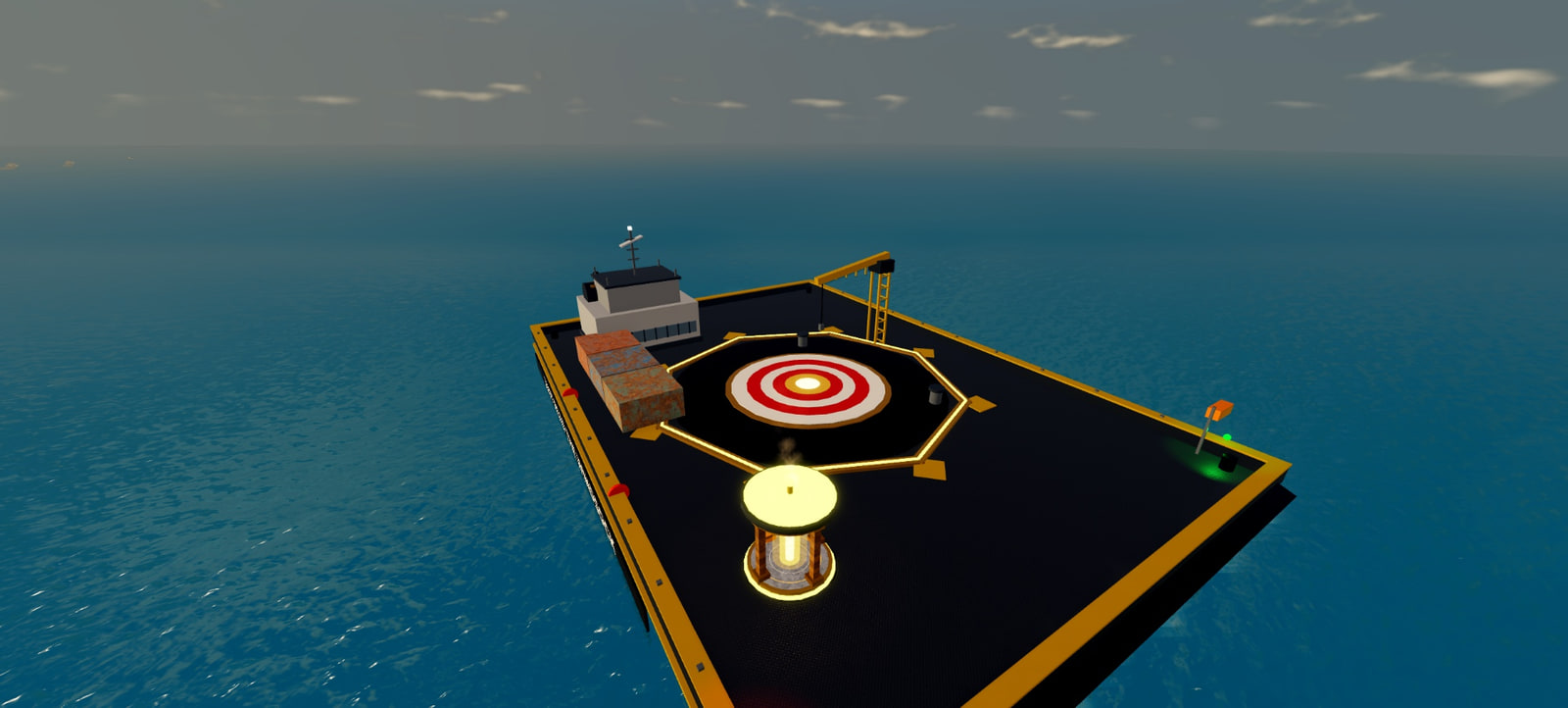 A droneship barge on the open ocean