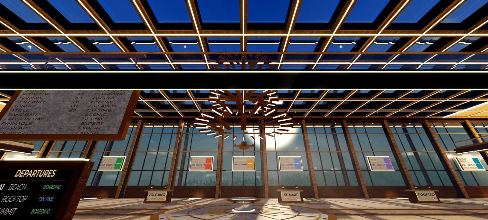 Warm marble and brass atrium interior